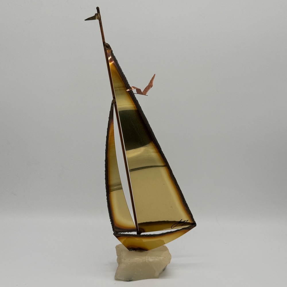 Vintage 70s Mario Jason Signed Brass Sailboat Sculpture Calcite Onyx Base Seagul